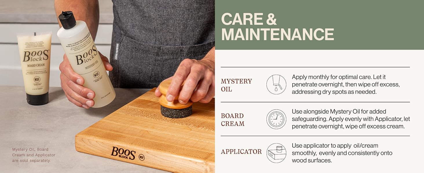 Guy holding an applicator, mystery oil w/ board cream on the side. Text reads: Care & maintenance.