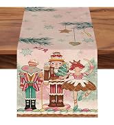 Croar Pink Christmas Nutcracker Dining Table Runner, Xmas Tree Snowflake Waffle Cookie Candy Burl...