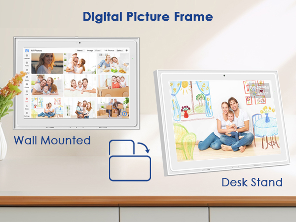 Wall-mounted or desk-stand digital calendar showing a family photo slideshow in a cozy home