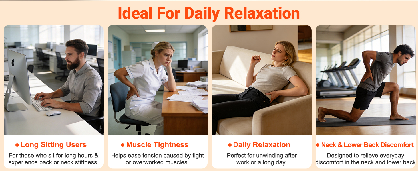 Ideal for daily neck and lower back comfort after sitting, working, or exercise.