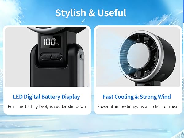 Text reads: 'Stylish & Useful' with two product features shown: 'LED Digital Battery Display' (black digital timer device) and 'Fast Cooling & Strong Wind' (white circular fan component). Product specifications highlighted.