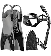 Aegend Snorkeling Gear for Adults Men Women: Anti-Fog Panoramic Mask Set, Adjustable Fins & Dry T...