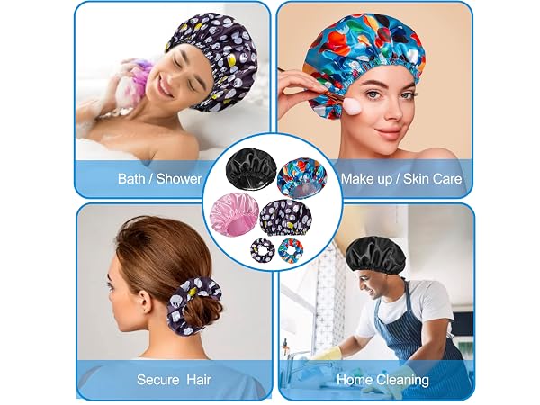 4 Waterproof Shower Caps + 2 Hair Scrunchies