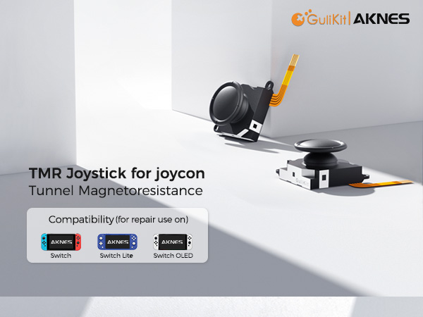 Text reads 'TMR Joystick for joycon', 'Tunnel Magnetoresistance'. Product shots of gaming controller or accessory against gray background with USB port indicators.