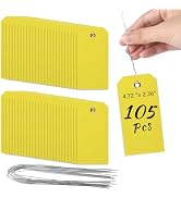 PLULON 105 Pcs Yellow Tags with String Wire Plastic Tags 4 3/4" x 2 3/8" Shipping Labels Tag for ...
