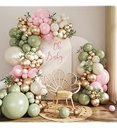 Sage Green Pink Gold Balloon Arch Kit, 128Pcs Sage Green Pastel Pink Light Pink Gold Sand White B...