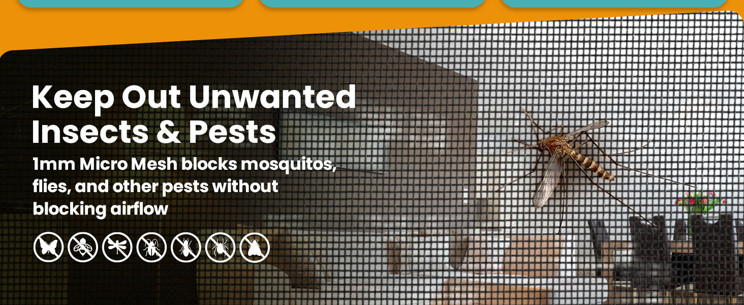 White 1mm micro mesh blocks mosquitoes and pests. Text: Keep Out Unwanted Insects & Pests.