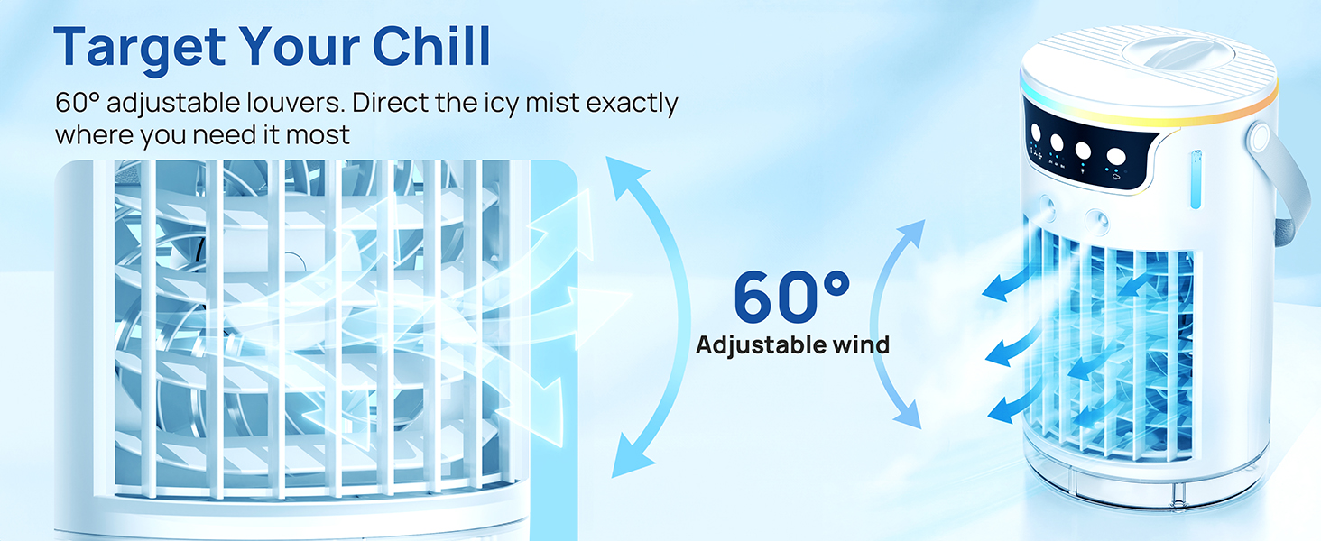 portable ac unit for bedroom with 60° adjustable louvers to direct icy mist exactly where needed.