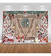 Mocsicka Winter Christmas Backdrop Rustic Barn Wood Door Photography Backdrop Xmas Tree Snow Gift...