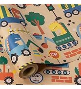 RUSPEPA Boys Birthday Wrapping Paper Kraft, Mini Roll, Dinosaur and Construction Vehicle Gift Wra...