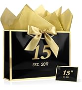 JMANNI 15th Birthday Gift Bag with Card and Tissue Paper for Men Women Him, 13" Elegant Black Gol...