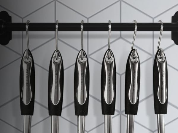 high-quality stainless steel & silicone kitchen utensils set on kitchen hooks