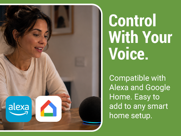 Woman using voice control at home with Alexa and Google Home badges. Emporia smart plug compatible.