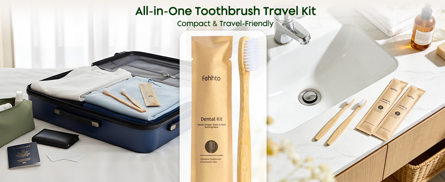 Bamboo dental kit shown with travel luggage and a guest bathroom sink.