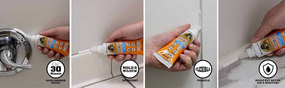 Gorilla Caulk and Seal Squeeze Tube White Silicone sealant kitchen bath tub tile