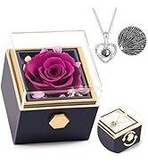 HIAGROW Preserved Real Purple Forever Rose Rotating Box with I Love You Necklace 100 Languages,Fo...