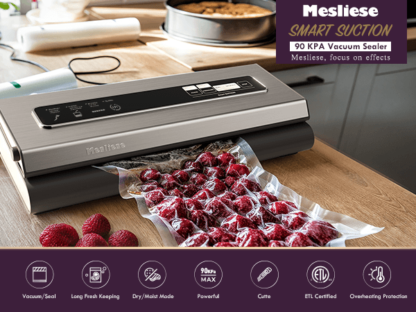 Mesliese 90Kpa Powerful Food Vaccum Sealer Machine with bags 6-in 1 operation smart system