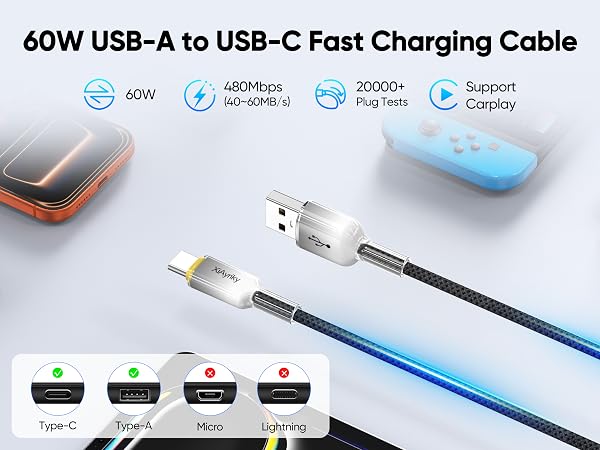 XiAyriky USB A to USB C 60W fast charging braided cable, CarPlay & data transfer for Type-C devices