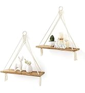Mkono Macrame Hanging Shelves Boho Wall Decor Set of 2 Rustic Wood Floating Storage Shelf for Bed...