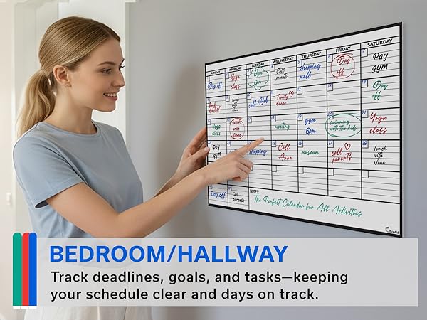 OfficeAid dry erase wall calendar used in a bedroom or hallway for personal schedule planning