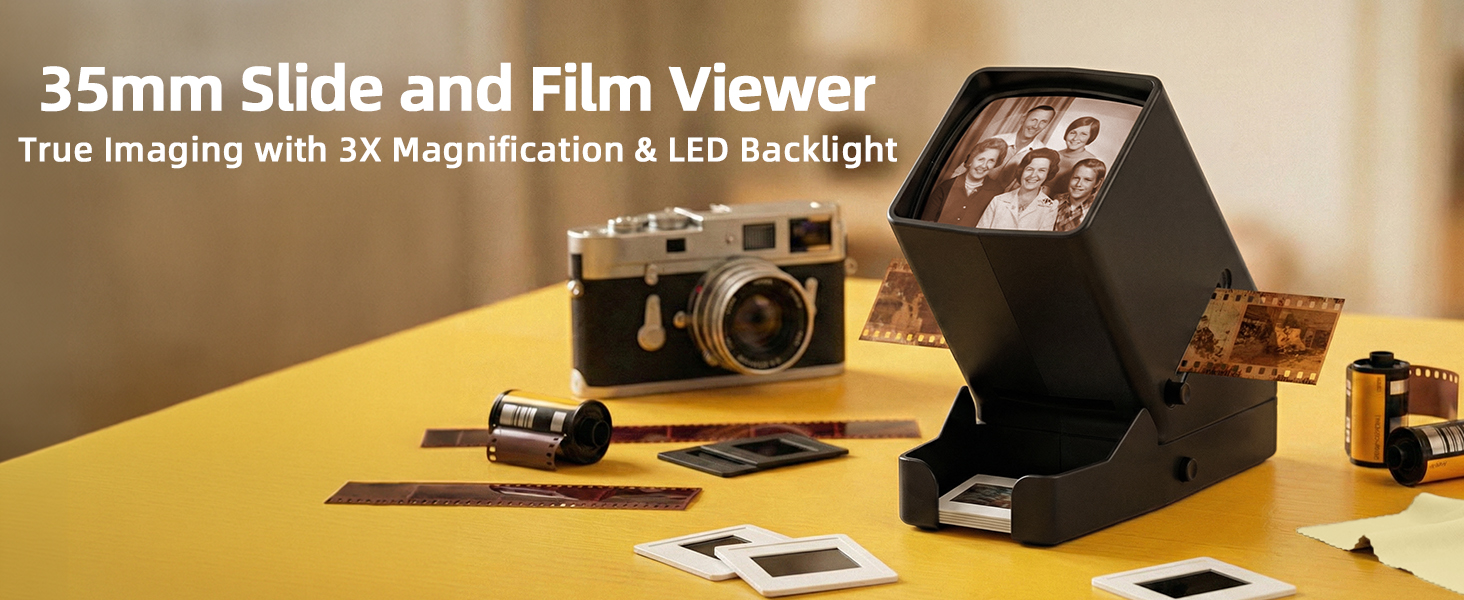 35mm slide and film viewer with 3x magnification and LED lighting for clear viewing.