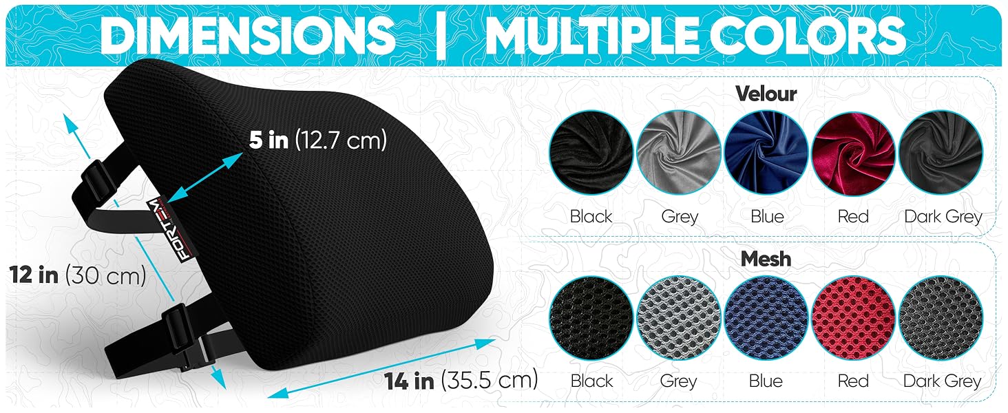 Dimensions of Lumbar as well as multiple color options