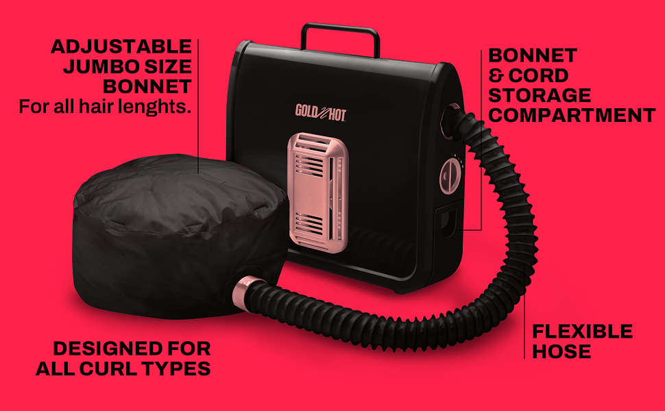 adjustable jumbo size bonnet, bonnet & cord storage compartment, designed for all curl types