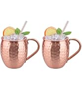 TJ Moscow Mule Mugs Set of 2, 100% Pure Copper Cups 17 oz, Handcrafted Copper Mugs w/Straws, Tarn...