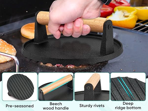 Round bacon press is made of heavy duty cast iron and coated with pre-seasoned vegetable oil