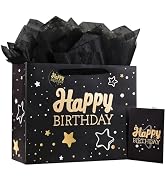 Powbrace Black Happy Birthday Gift Bag with Tissue Paper and Greeting Card for Birthday,Party,Hap...