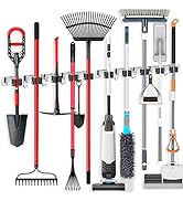 IMILLET 2 Pack Broom Holder Wall Mount, Broom Holder Stainless Steel 5 Racks with 4 Hooks Broom O...