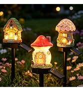 Daily Partner Solar Mushroom Lights for Outside, Cute Waterproof LED House Statues with Ground St...