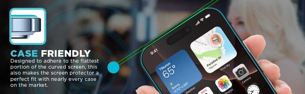 Case-friendly iPhone 16 Pro tempered glass screen protector fits flat surface inside any case