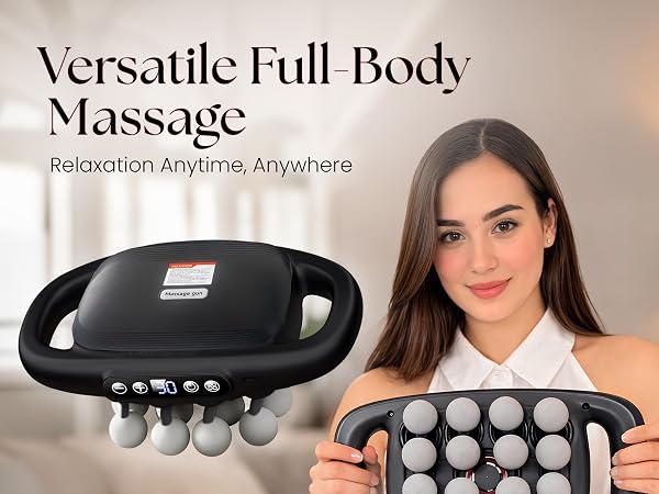 Woman holding a 16-head full-body massager beside product close-up