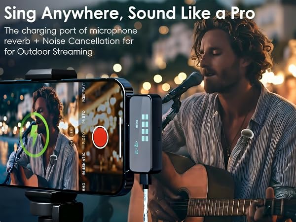 Wireless phone mic with noise cancellation and reverb for outdoor singing and live streaming