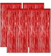 4 Pack Red Backdrop, 3.28 FT x 7.05 FT Party Streamer, Metallic Birthday Tinsel Backdrop Foil Fri...