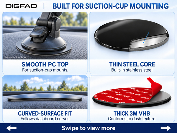 Smooth PC top, thin stainless steel core, curved-surface fit and thick 3M VHB backing.