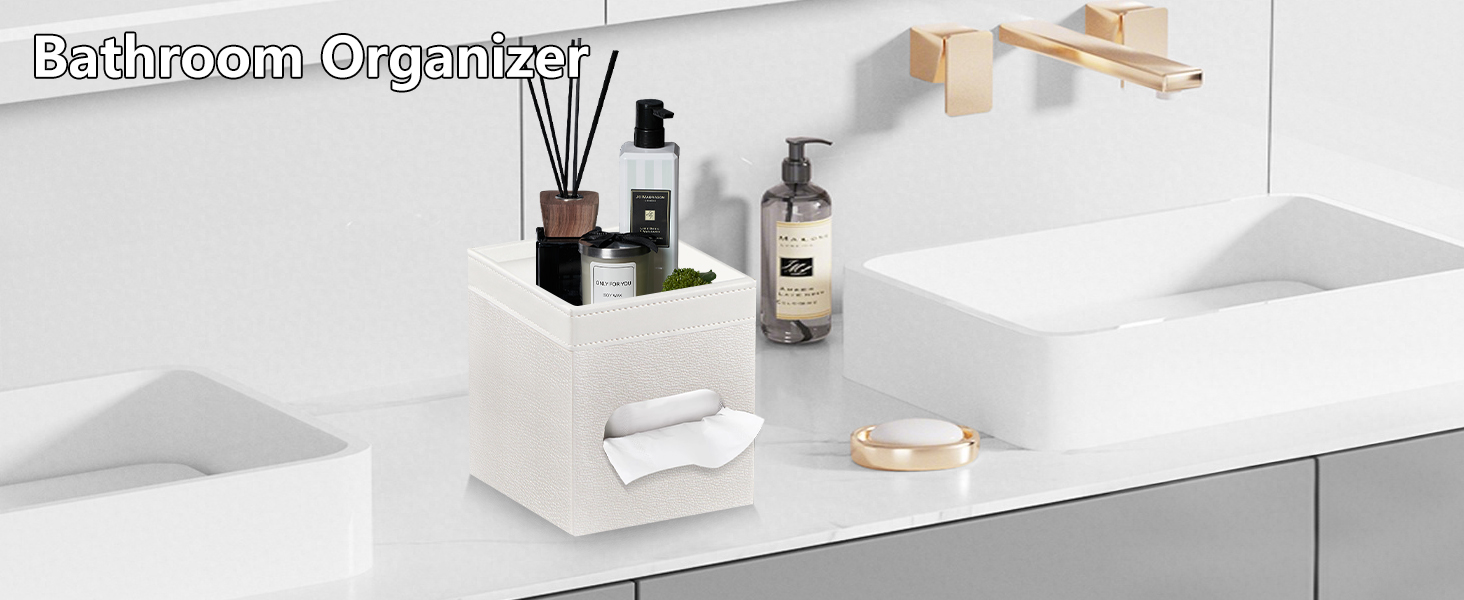Tissue Box Cover Square, PU Leather Tissue Cube Box Holder with Storage Valet Tray