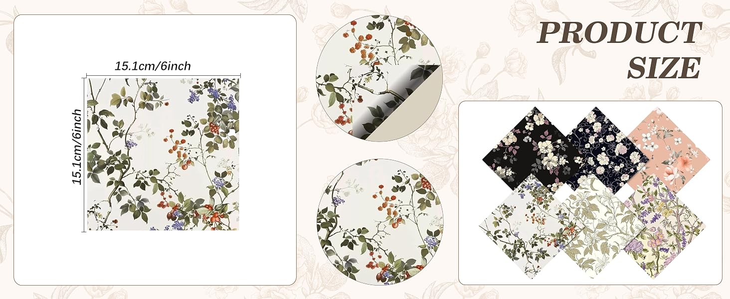 Text reads 'PRODUCT' and 'SIZE'. Decorative floral pattern designs showing various arrangements of white flowers and black leaves in different configurations.
