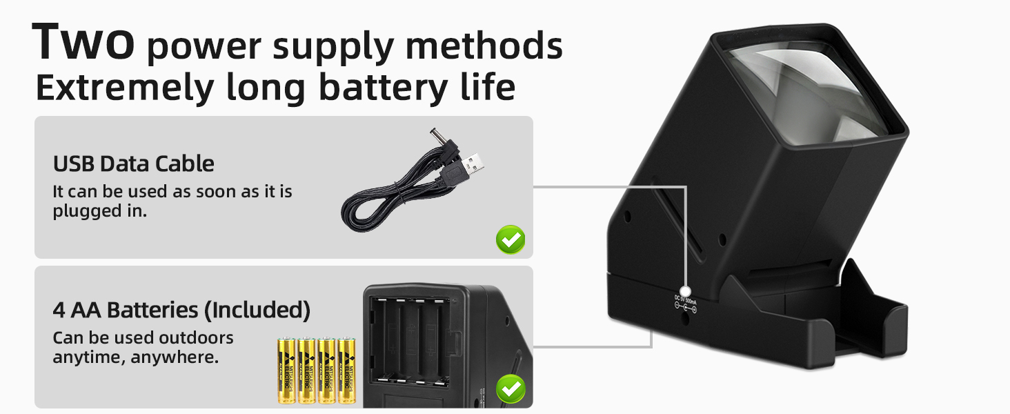 Two power options: USB plug-and-play or 4 batteries, with months of battery life for outdoor use.