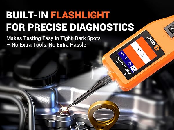 Automotive circuit test tool with a built-in flashlight for clear checks in dark engine areas