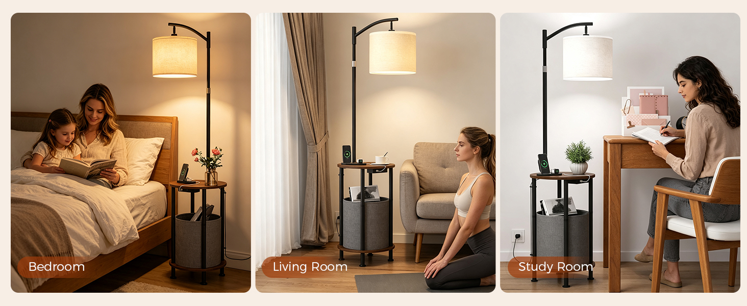 Standing lamp with side table and storage basket for bedroom, living room, and study use.