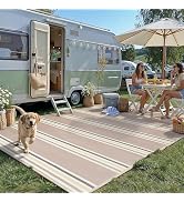 PureCozy Outdoor Waterproof 9x12 Rug for Patio Reversible Plastic Straw Beige/Cream Striped Campi...