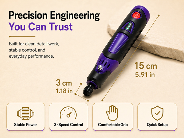 Compact 5.91" pen: 3-speed control for carving, sanding & drilling wood, resin & leather.