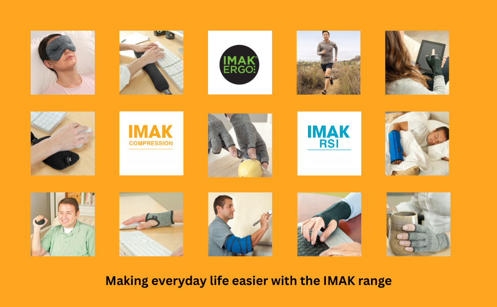 Text reads 'Making everyday life easier with the IMAK range'. Grid of 15 product usage photos showing various IMAK products and applications on orange background.
