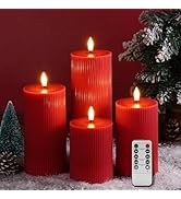 Girimax Red Ribbed Flameless Pillar Candles with Remote, Flat Top Flickering LED Wax Candles Batt...