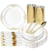 Pryntono 350PCS Gold and White Plastic Plates, Gold Plastic Dinnerware Sets for 50 Guests, 100 Di...