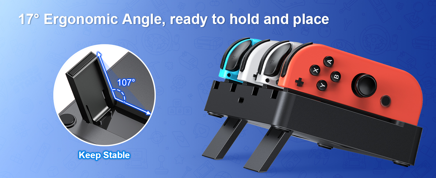 Gaming controller stand with 17-degree ergonomic angle. Designed to hold and display multiple controllers, keeping them stable and organized.