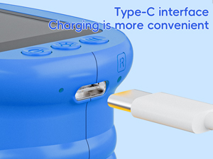 Text: 'Type-C interface', 'USB charging is more convenient'. Blue electronic device with USB Type-C charging port shown from multiple angles.