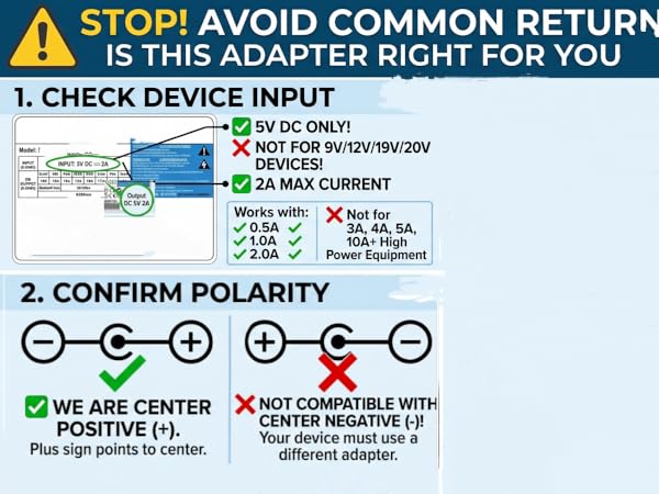 replacement for charger requires dc in 5v power cord 2A max output